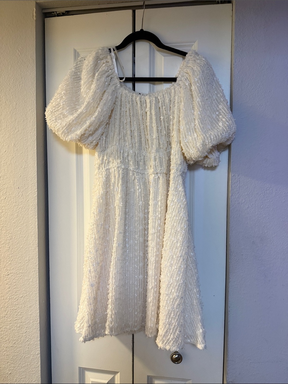ARULA Cream Puff Sleeve Velvety Mini Dress